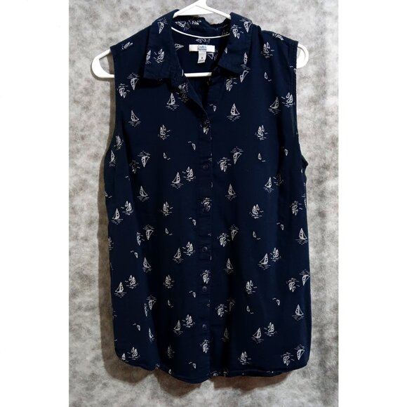 Croft & Barrow sleeveless top Wmn's Sz M navy & white sailboats nautical - Picture 1 of 3